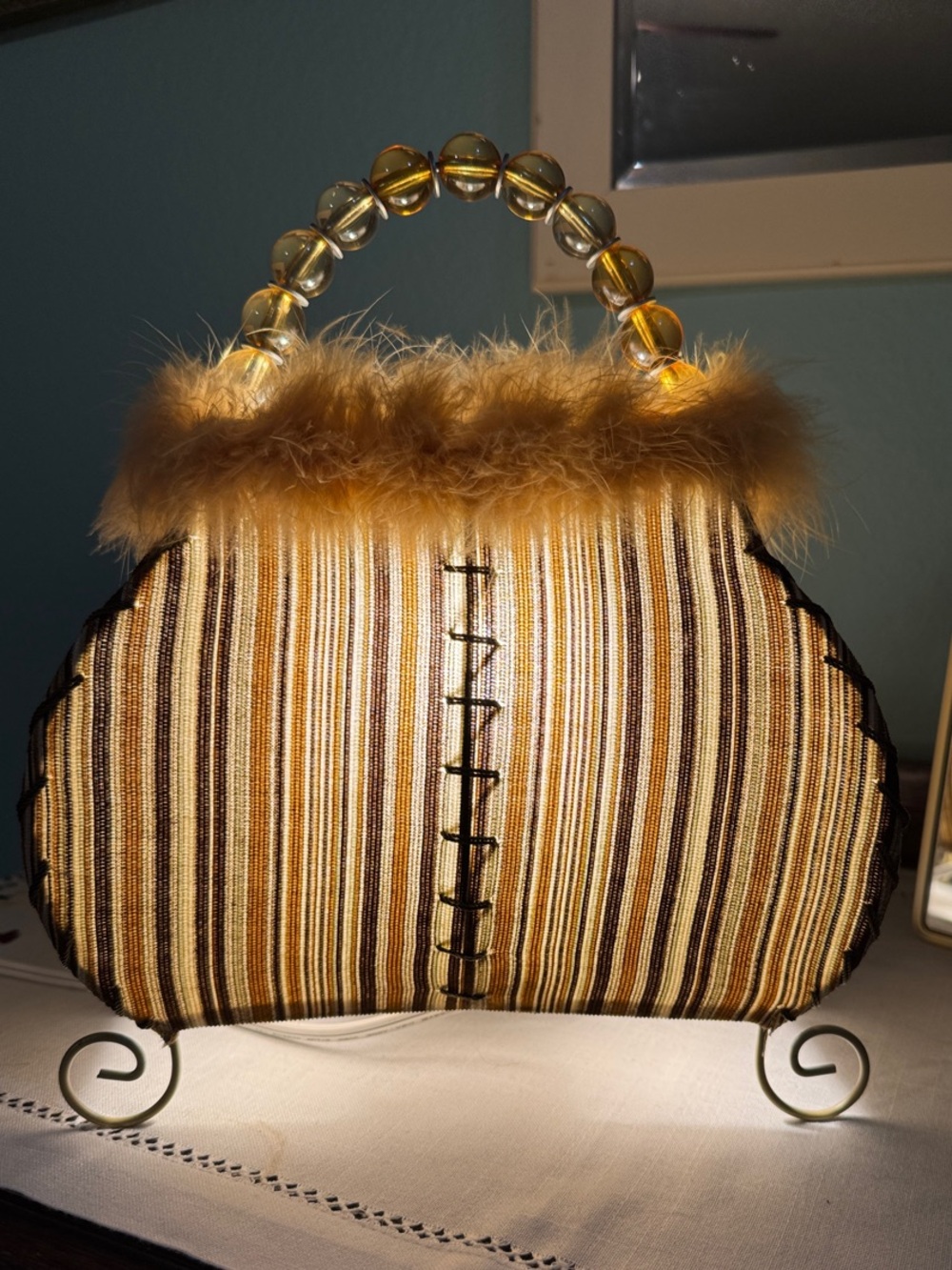 Striped Faux-Fur Top Handle Women's Handbag Boudoir Lamp